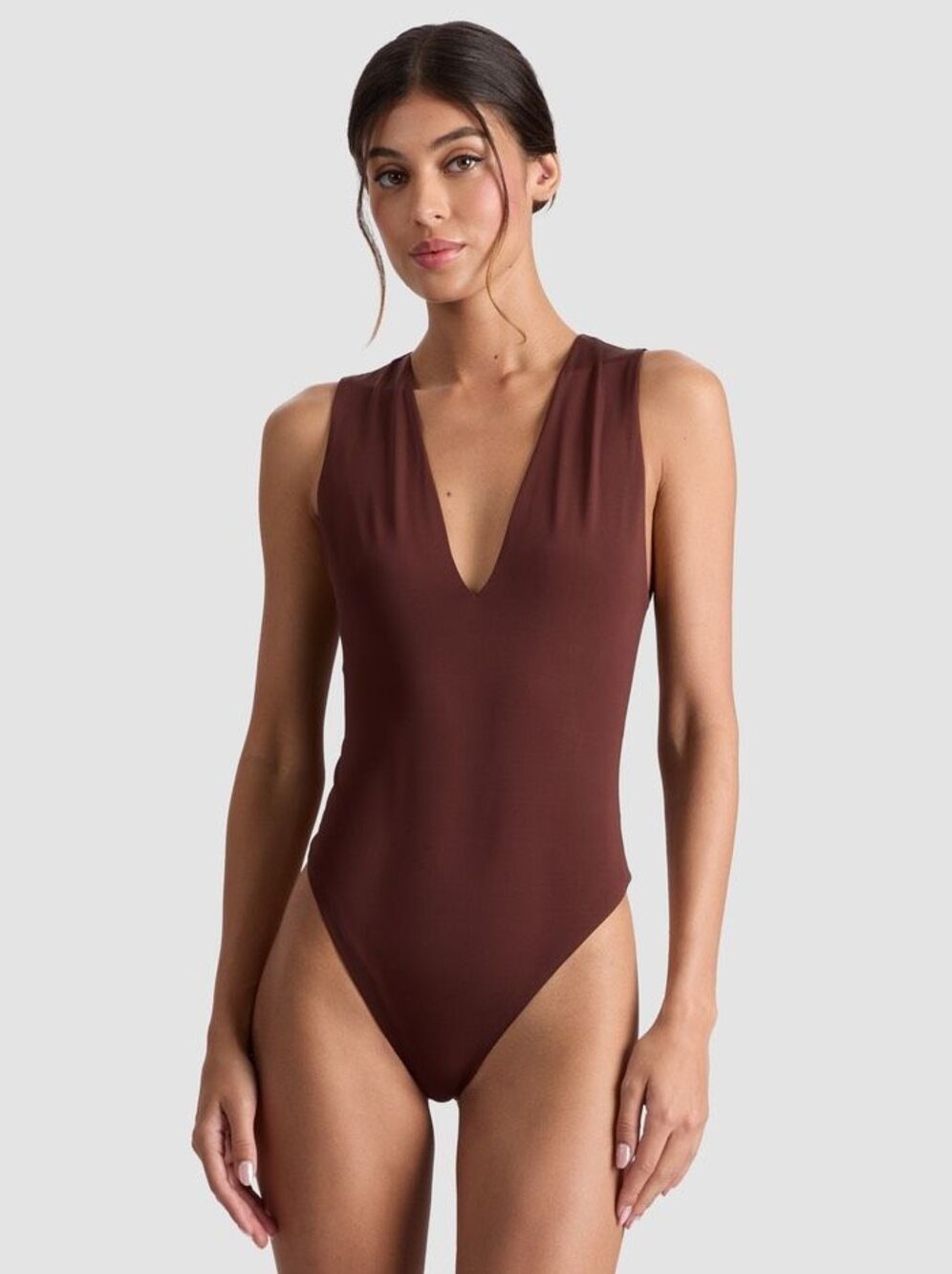 Alice + Olivia $195 Olea V Neck Sculpting Snap Bodysuit Brown M NWOT